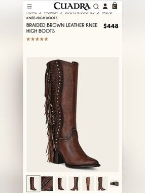 CUADRA Brown Braided Leather Knee-High Boot with Fringe